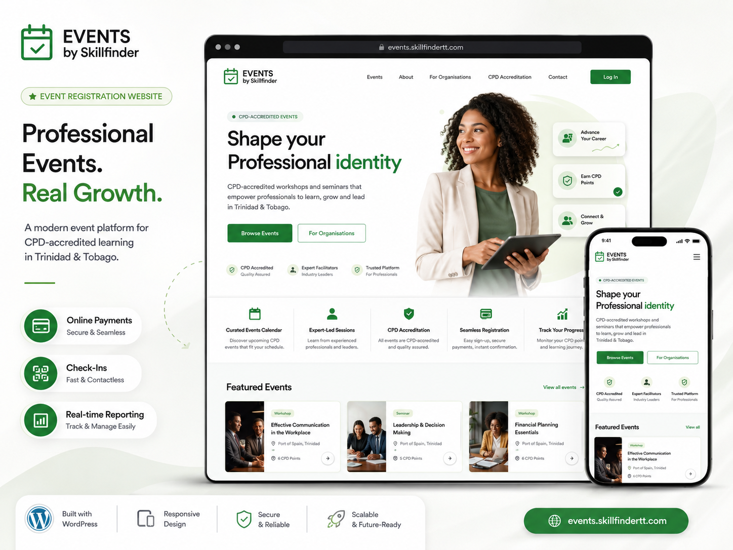 You will get an event registration website with payments and check-ins